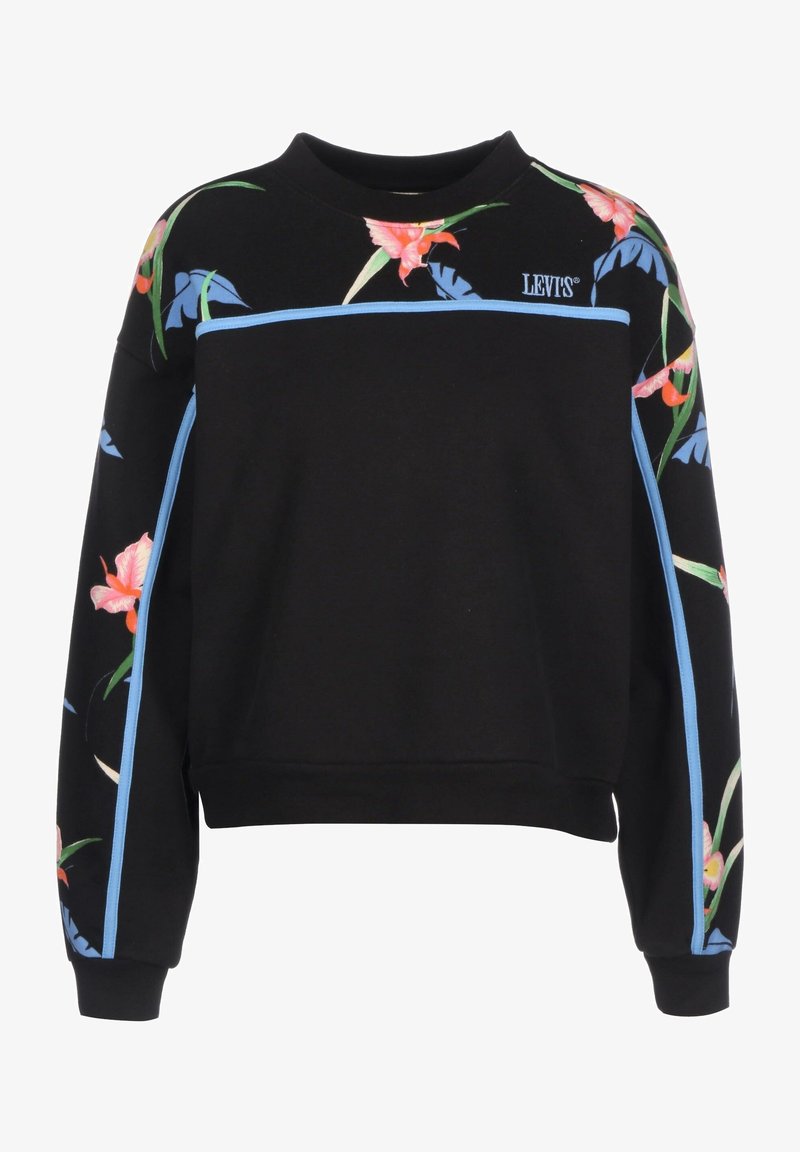 Felpa nera con design floreale in accenti rosa, arancione e blu. Presenta un collo rotondo, maniche lunghe e piping blu lungo i lati.