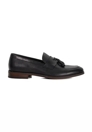 Black leather loafers with a smooth texture, featuring a decorative tassel on the front and a low brown heel. Classic and streamlined design.
