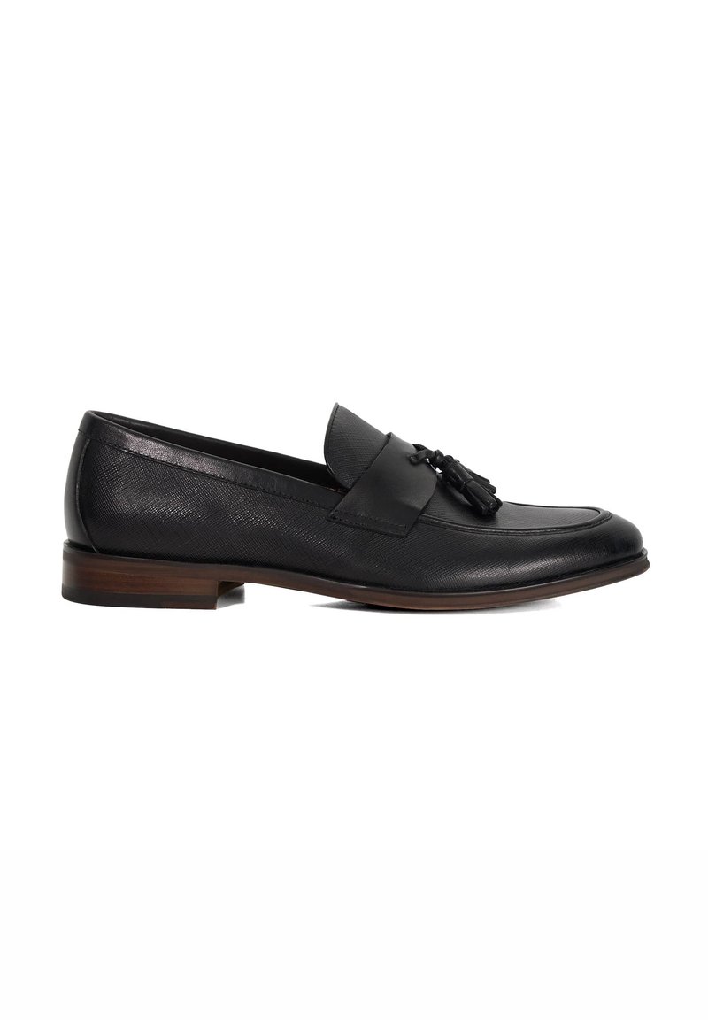 Black leather loafers with a smooth texture, featuring a decorative tassel on the front and a low brown heel. Classic and streamlined design.