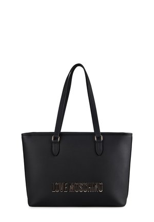 Sac cabas en cuir noir avec double bandoulière et logo "LOVE MOSCHINO" en lettres dorées au centre devant.