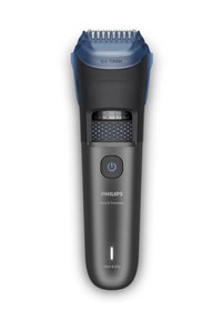 Rasoi per barba Philips, con un corpo grigio scuro, una testina di rifinitura blu con impostazioni di lunghezza regolabili e un display LED per la precisione.