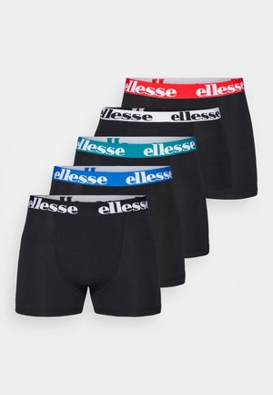 Juodi bokso šortai su spalvingais elastingais juosmenimis raudonos, baltos, mėlynos ir žalsvos spalvos, ant kurių aiškiai matomas "ellesse" logotipas.