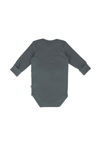 Long-sleeve baby bodysuit in a muted teal color, made of soft cotton. Features a round neckline and snug cuffs. No patterns or hardware visible.