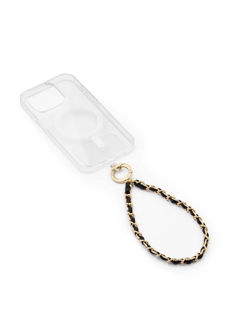 Transparante telefoonhoes met gouden hardware en een kettingriem in zwart met gouden accenten. Cirkelvormige uitsparing voor magnetische bevestiging.