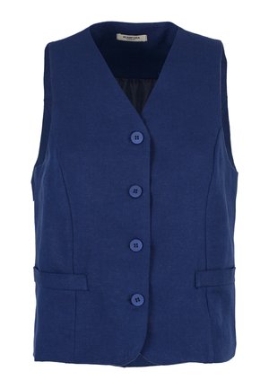 Navyblauwe mouwloze vest gemaakt van linnen. Bevat vijf knopen aan de voorkant, twee zijzakken en een hals met inkeping.