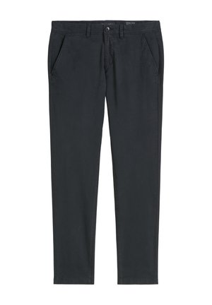 Dark gray, straight-leg trousers with a smooth texture, two front pockets, and a button closure at the waist. Minimalistic design.