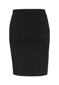 Jupe crayon noire avec une texture lisse, un design ajusté, longueur au-dessus du genou et une fermeture éclair discrète au dos.