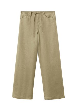 Pantalones beige de pierna ancha con bolsillos delanteros, trabillas para cinturón y cintura con cordón, confeccionados con tela texturizada.