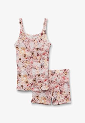 Ärmelloses Tanktop in Pink und Beige mit floralem Muster sowie passende knielange Shorts, beide mit dichtem Rosendesign.