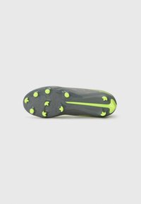 Football boot featuring a gray upper with a textured finish and lime green accents. Outsole has elongated studs for traction.