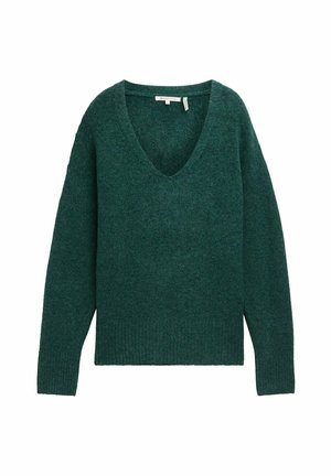 Tume roheline kudumiga sviiter, millel on V-kaelus, lõdvestatud lõige, kukutatud õlad ning soonikseelikud ja varrukad. Pehme tekstuur ja lihtne disain.