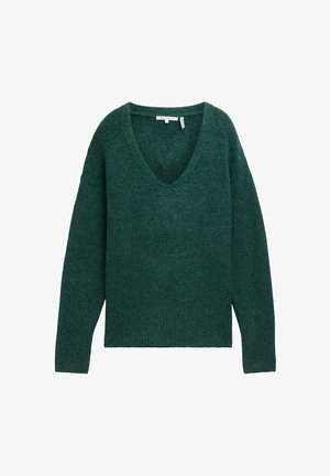Tume roheline kudumiga sviiter, millel on V-kaelus, lõdvestatud lõige, kukutatud õlad ning soonikseelikud ja varrukad. Pehme tekstuur ja lihtne disain.