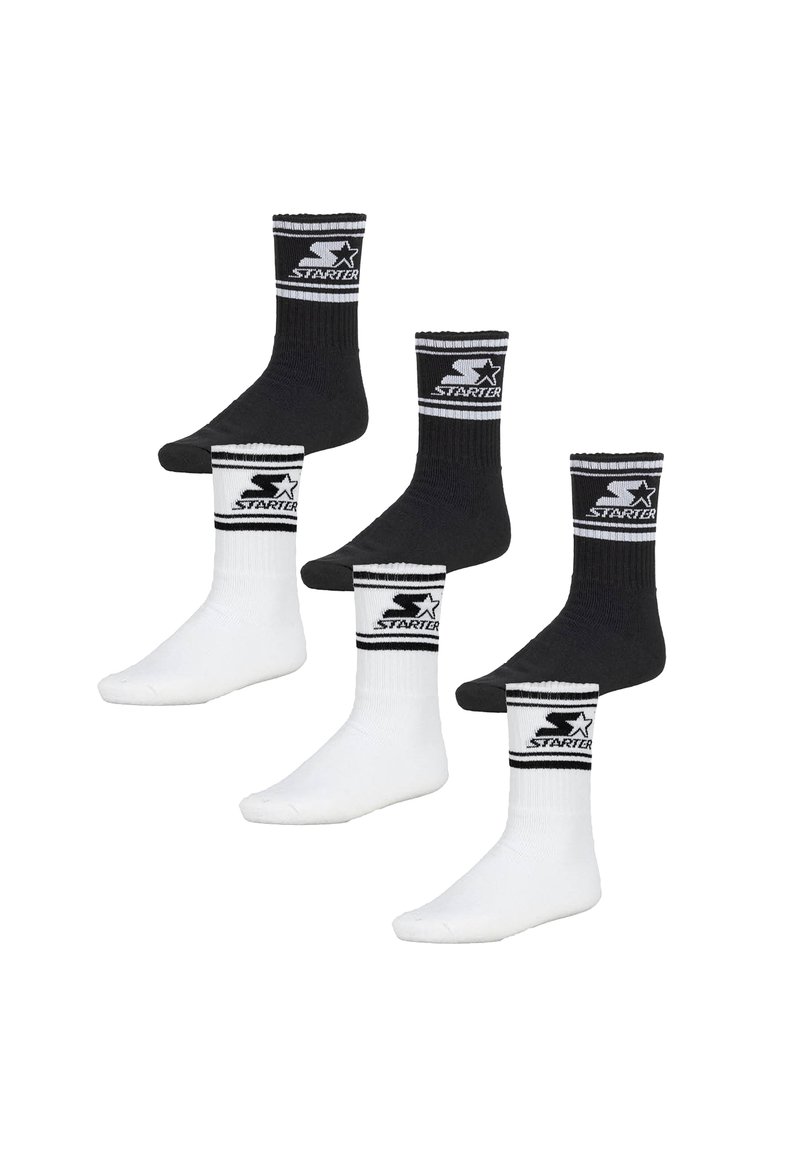 Chaussettes de sport noir et blanc avec des poignets rayés et un logo. Deux paires : une noire, une blanche, les deux avec un design et une texture similaires.