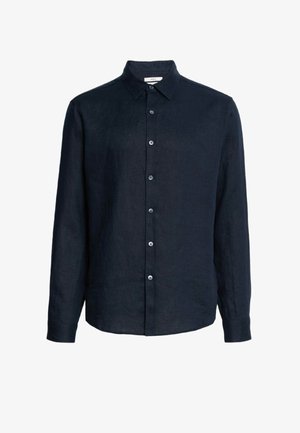Navy blue long-sleeve linen shirt with a pointed collar, front buttons, and a slightly curved hem. Textured fabric with a casual fit.