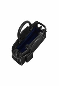 Borsa a mano in pelle nera con due manici superiori, superficie testurizzata, fodera interna blu e una piccola tasca esterna per una maggiore funzionalità.