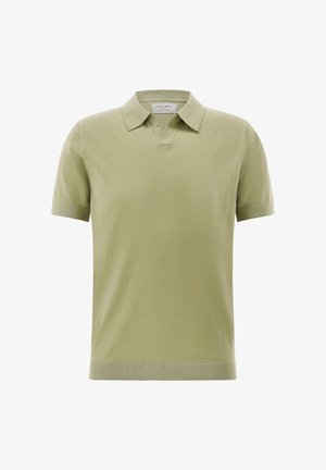 Hellolivgrünes Poloshirt mit kurzen Ärmeln, Kragen und V-förmiger Knopfleiste, mit gerippten Bündchen und geradem Saum.