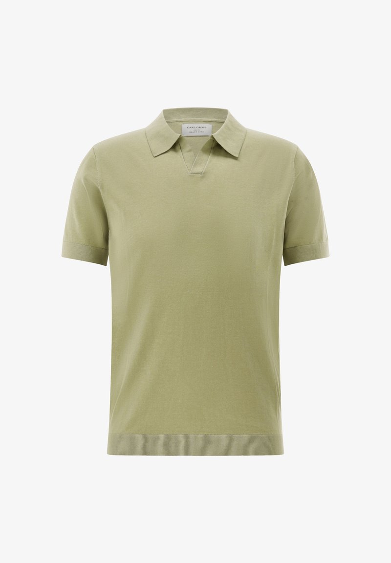 Hellolivgrünes Poloshirt mit kurzen Ärmeln, Kragen und V-förmiger Knopfleiste, mit gerippten Bündchen und geradem Saum.