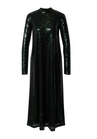 Langsleeve, vloerlange jurk van donkergroen paillettenstof. Heeft een hoge halslijn en een rechte silhouet. Glanzend, getextureerd oppervlak.