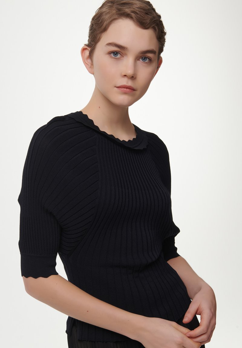Suéter negro con cuello festoneado y mangas cortas. Tejido texturizado que exhibe líneas verticales y un diseño ajustado.