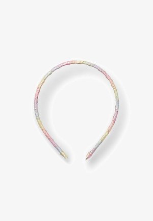 Trendy pastel čelenka ve zakřiveném designu, s texturovaným povrchem v odstínech růžové, levandulové a zlaté. Hladký vnitřní povrch.