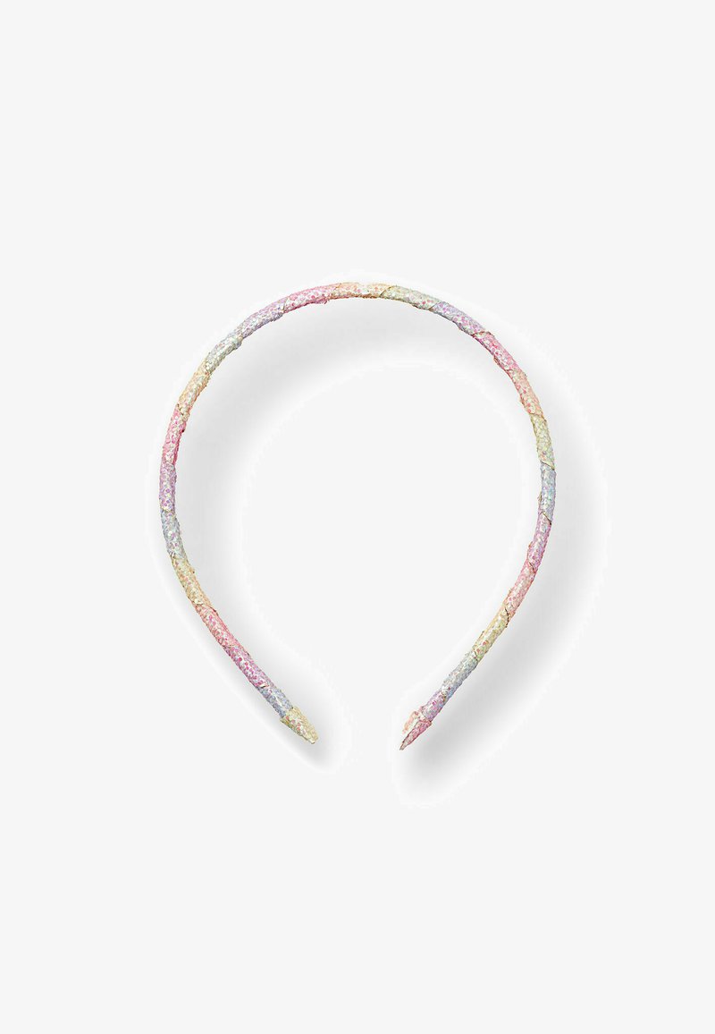 Bandeau pastel scintillant au design courbé, avec un extérieur texturé dans des nuances de rose, de lavande et d'or. Fini intérieur lisse.