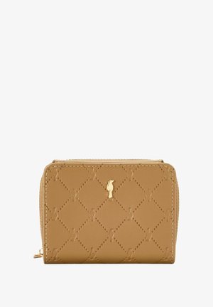 Brązowy portfel na zamek wykonany z teksturowanego materiału syntetycznego, z wzorem w diamenty i złotymi dodatkami, z logo na froncie.