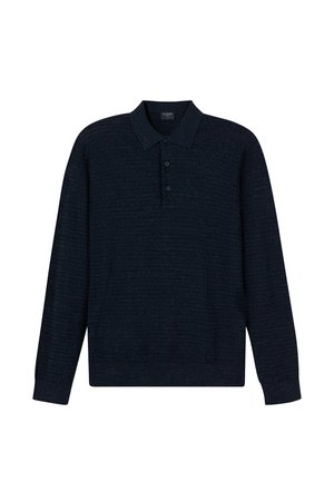 Donkerblauw poloshirt met lange mouwen, een gestructureerde afwerking, een knoopsluiting met twee knopen en een klassieke kraag. Het materiaal lijkt zacht en gebreid.