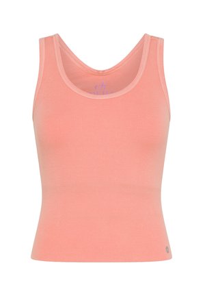 Top de tip tank peach cu dantelă și decolteu rotund, cu un design ajustat. Prezintă o etichetă mică cu logo în partea de jos. Textură moale și material extensibil.