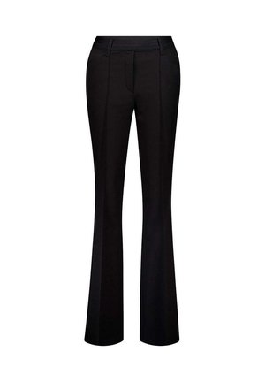 Schwarze, ausgestellte Hosen mit glatter Textur, die über einen enganliegenden Bund und zwei vertikale Vorderfalten verfügen und eine strukturierte Silhouette bieten.