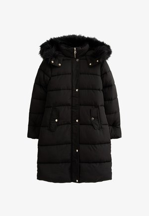 Manteau en duvet noir avec capuche en fausse fourrure, fermeture éclair, boutons-pression et deux poches avant. Comprend des sections matelassées pour l'isolation.