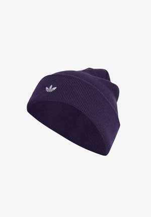 Purple knit beanie with a ribbed texture and folded cuff. Features a small, embossed white logo on the front.