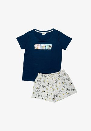 Navy cotton T-shirt with cartoon characters and text "Friends" and "Fun" above. Grey shorts with repeating Snoopy and Woodstock patterns.