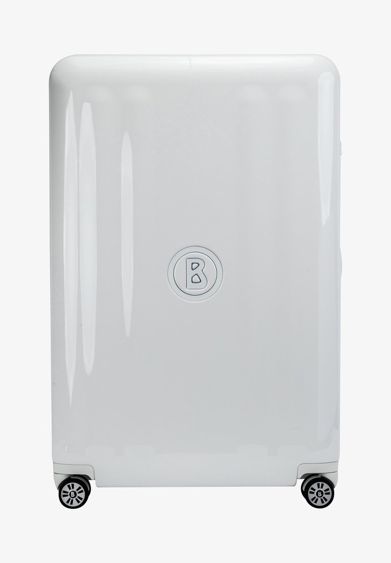 Valkoinen kovakantisessa matkalaukussa on kiiltävä pinta, pyöreä logo, neljä pyörää ja tyylikäs suorakulmainen muoto.