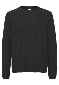 Black knit sweater with a textured checkerboard pattern, crew neckline, and long sleeves. Ribbed cuffs and hem finish the design.