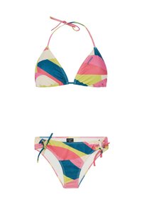Bikiniset med en triangular topp och sidbandad botten, tillverkad av flerfärgad mönstrad tyg med blå, rosa och gröna nyanser.