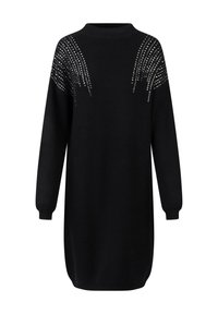 Robe noire en tricot à manches longues, présentant une texture côtelée et ornée d'un dégradé de clous en argent aux épaules.