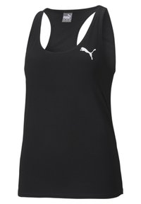 Débardeur de sport noir en tissu lisse, avec un design dos nageur et un petit logo Puma blanc sur le côté gauche devant.