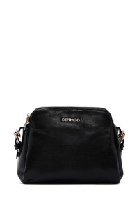 Borsa a tracolla in ecopelle nera con superficie texture, hardware dorato, chiusura con zip e tracolla rimovibile. Presenta il logo sulla parte anteriore.