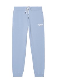 Lichtblauwe joggingsbroek van zachte stof, voorzien van een elastische tailleband met witte trekkoorden, zijzakken en een witte logo-accent.