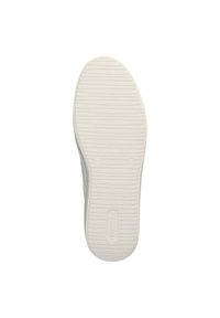 Semelle en caoutchouc blanc avec texture striée et légère courbure, arborant une forme de orteil arrondi et sans marque ni accents visibles.