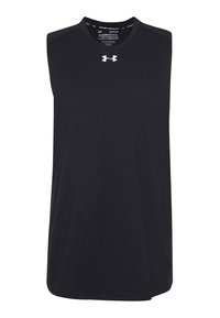 Černé bezrukávové sportovní tričko vyrobené z lehké látky. Má kulatý výstřih a bílé logo Under Armour na hrudi.