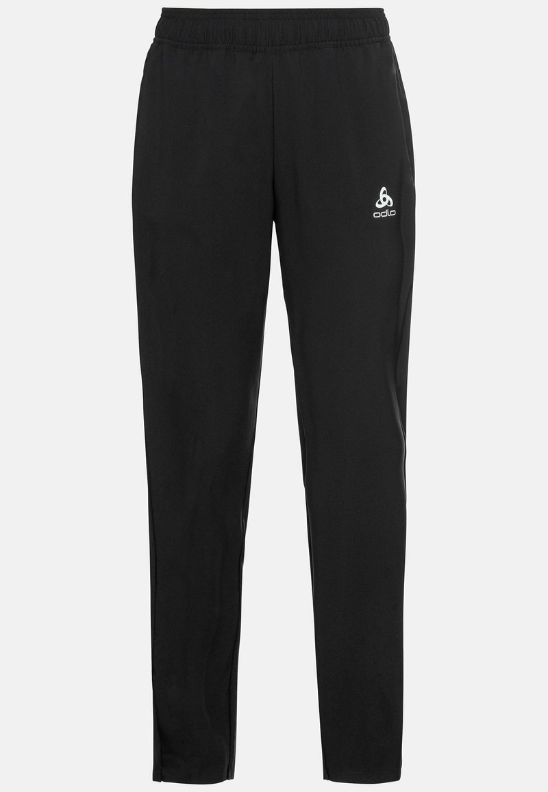 Schwarze Sporthosen aus weichem, leichtem Stoff mit einem elastischen Bund. Auf der linken Oberschenkelseite befindet sich ein kleines weißes Logo.