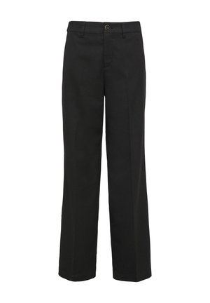 Pantalons noirs à coupe droite, en tissu robuste. Dispose d'une fermeture à bouton, de passants de ceinture et sans motifs ni embellissements visibles.