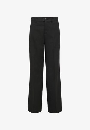 Pantalons noirs à coupe droite, en tissu robuste. Dispose d'une fermeture à bouton, de passants de ceinture et sans motifs ni embellissements visibles.