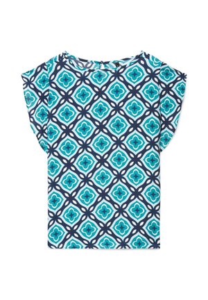 Kurzärmlige Bluse mit türkis- und marineblauem geometrischem Blumenmuster und rundem Ausschnitt auf weißem Hintergrund.