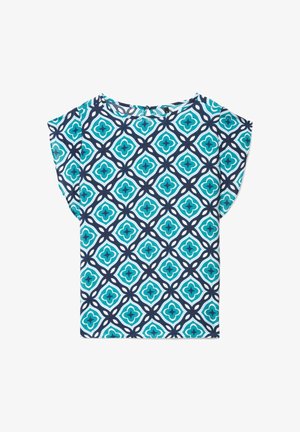 Blusa a maniche corte con motivo floreale geometrico turchese e blu navy e scollo rotondo su sfondo bianco.