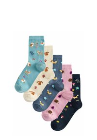Five pairs of cotton socks in blue, beige, pink, and navy, featuring animal and floral patterns. Ribbed cuffs and reinforced toes.