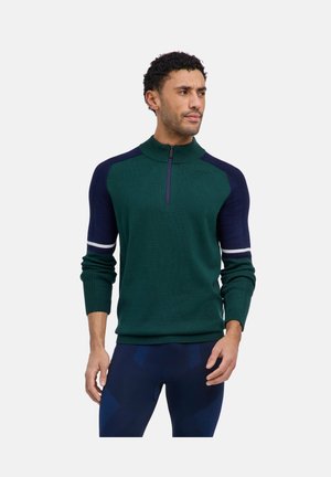 Mann trägt grünen und marineblauen Reißverschluss-Pullover mit weißen Streifen an den Ärmeln, kombiniert mit marineblauen gemusterten Hosen, steht vor weißem Hintergrund.