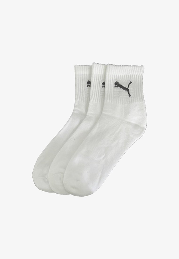 Three white ankle socks with black Puma logo on ribbed cuffs, arranged overlapping on a white background.