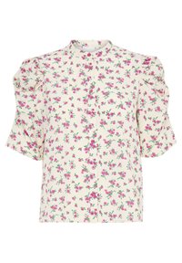 Květinová blůza s krémovým pozadím, nabíranými rukávy, kulatým výstřihem a růžovými knoflíky. Má malý růžový a zelený květinový vzor po celém povrchu.